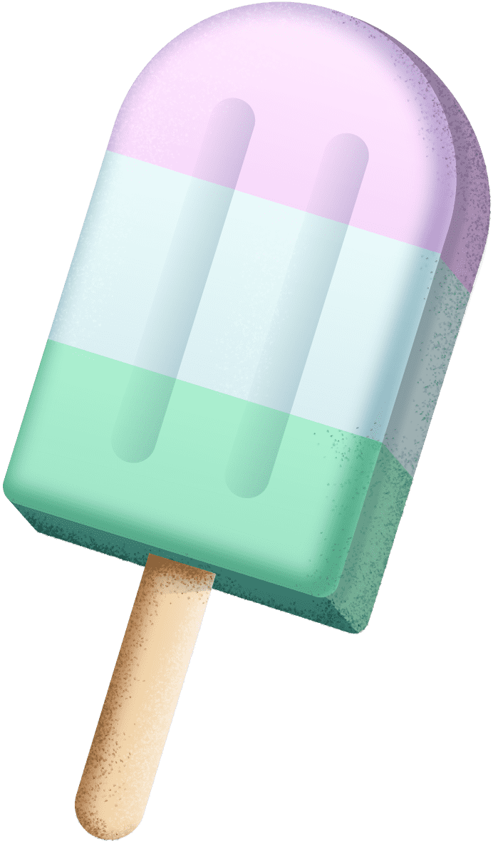 Colorful popsicle with pastel green, white, and lavender layers on a wooden stick