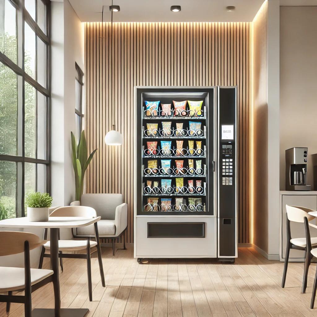 Modern office break room with a vending machine stocked with snacks and drinks, simple furniture, large windows, and a welcoming atmosphere