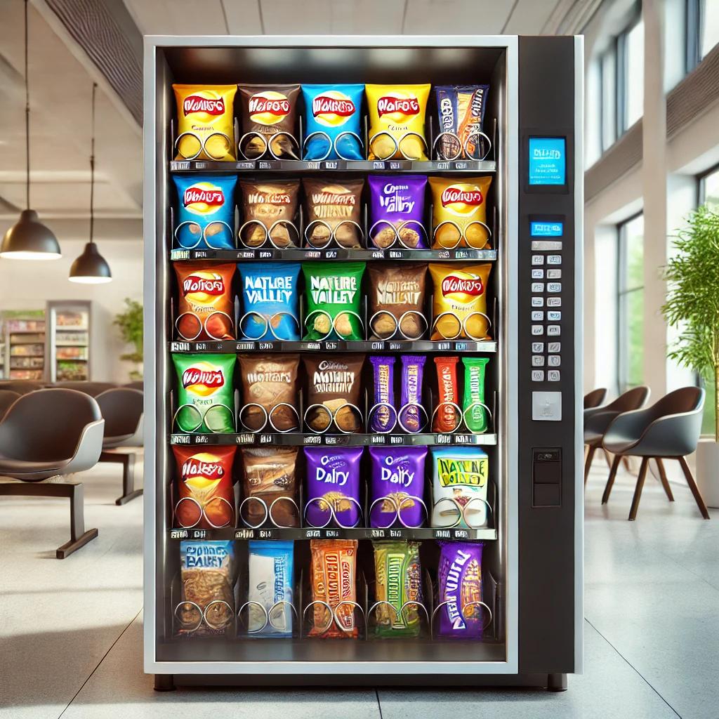 A modern vending machine filled with popular snacks such as crisps, chocolate bars, and healthy options, including recognizable brands like Walkers crisps, Nature Valley bars, and Cadbury Dairy Milk